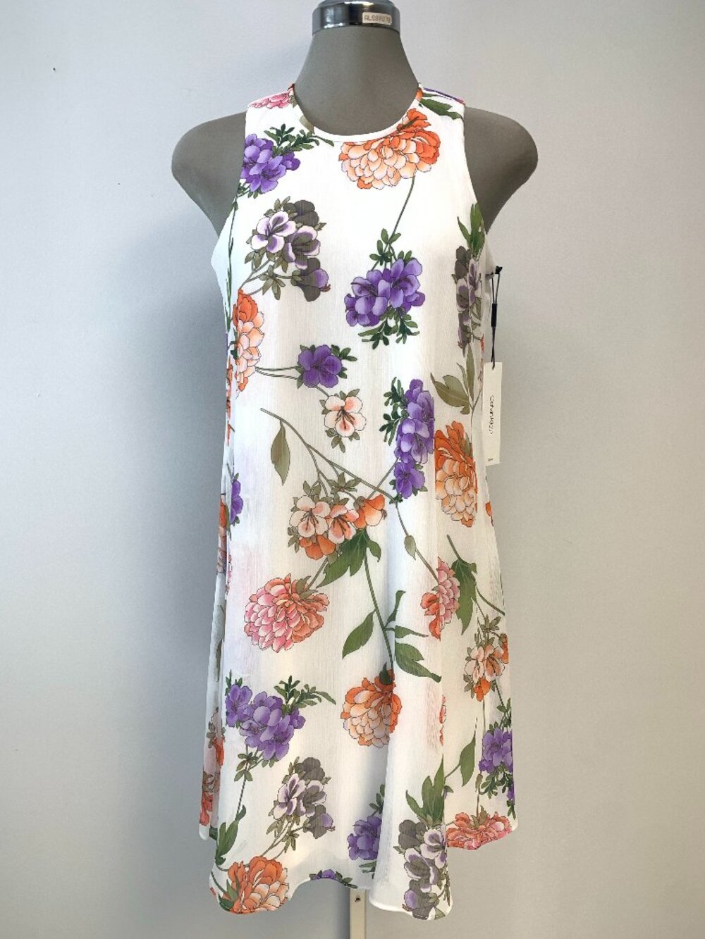 New Calvin Klein Elegant White Floral Multi Trapeze A Line Dress size 2